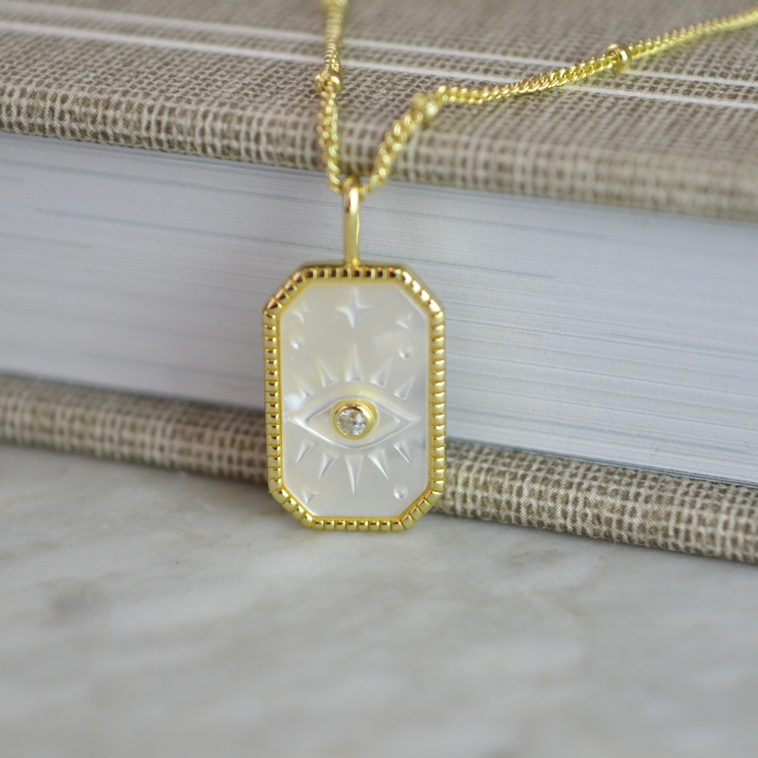 Evil Eye in Mother of Pearl Rectangle Necklace