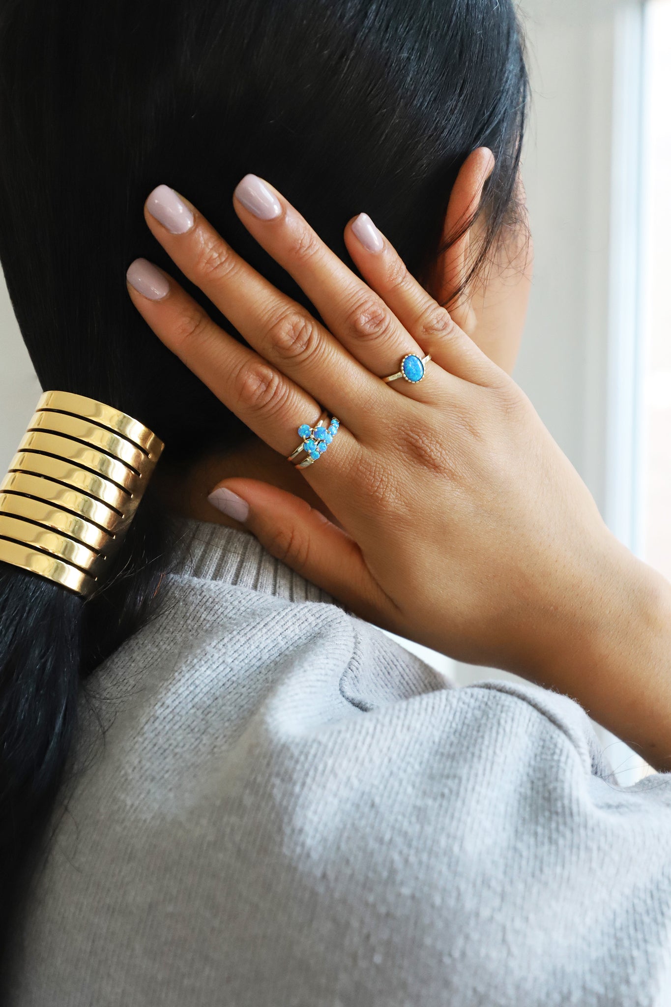 Blue Opal Tri-Stone Ring